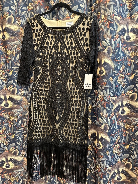 Unique Vintage Dresses & Skirts - Unique Vintage Black and Cream Beaded Flapper Fringe Dress Size Medium 6-8